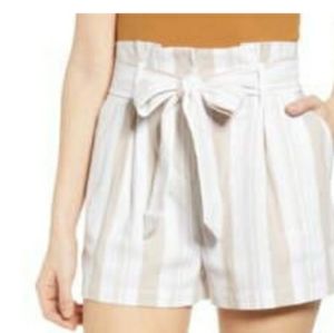 Socialite Belted Stripe Paperbag Waist Shorts, L